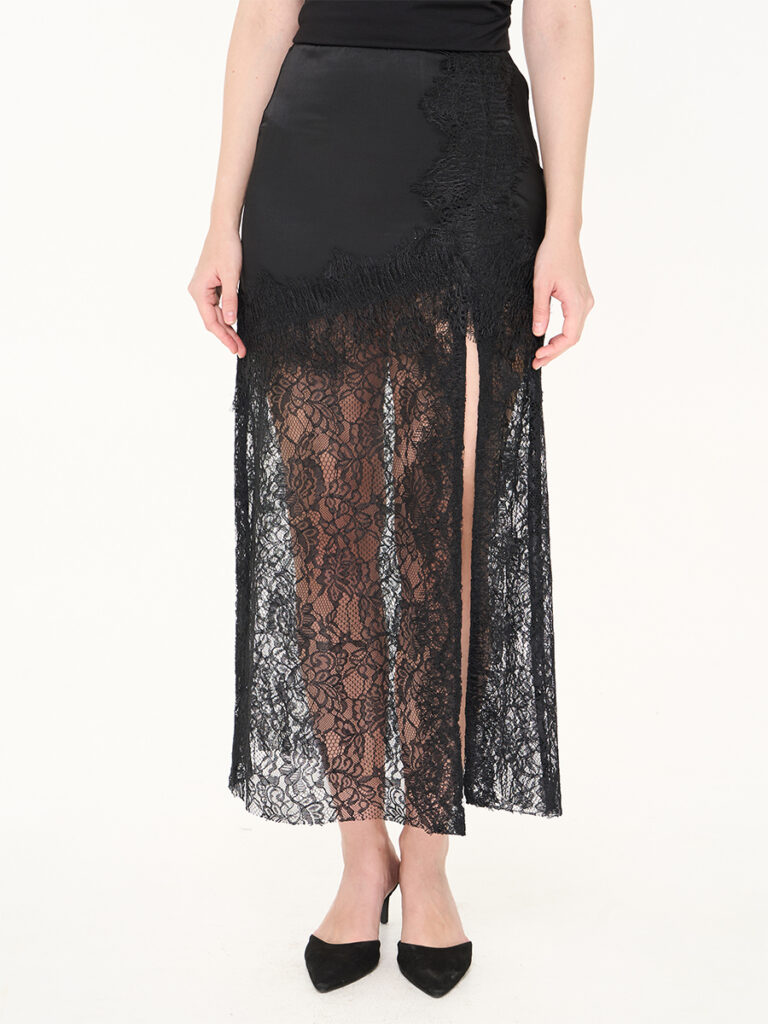 Ellio Lace Satin Maxi Skirt Black